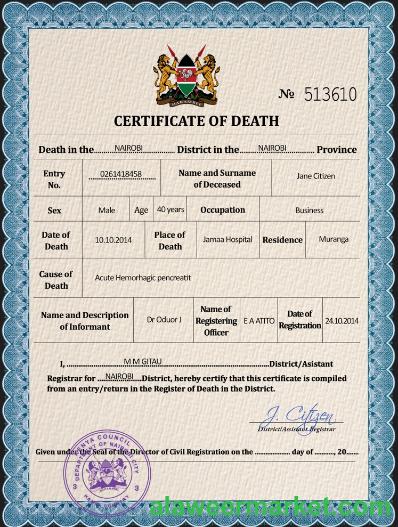 Kenya vital record death certificate PSD template